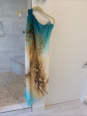 Fabulous Glam One-Shoulder Aqua and Tan Animal Print Dress